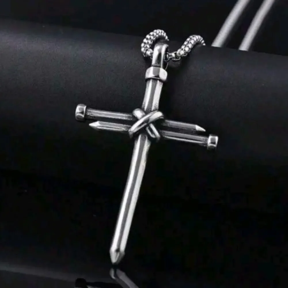 Men’s Silver Stainless Steel Nail Cross Necklace Statement Christian Faith Gift